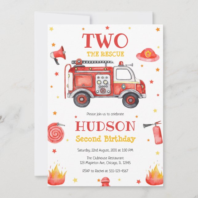 Convites Two the Rescue Firetruck 2nd Birthday Invitation (Frente)