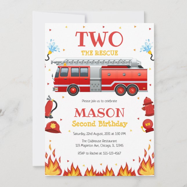 Convites Two the Rescue Firetruck 2nd Birthday Invitation (Frente)