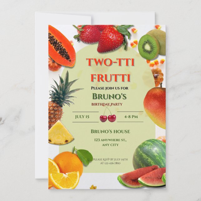 Convites Two-tti Frutti | Aniversário com Tema de Frutas (Frente)