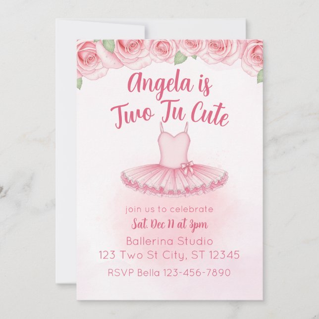 Convites Two Tu Cute, Ballerina 2nd Birthday (Frente)