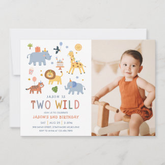 Convites Two Wild 2nd Birthday Safari Animals Cute Photo