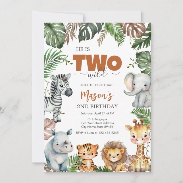 Convites Two Wild Party Animals Kids 2nd Birthday (Frente)
