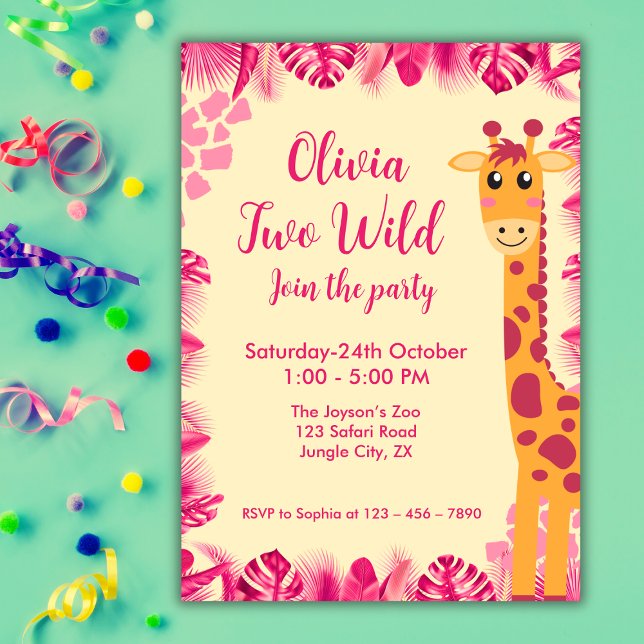 Convites Two Wild Safari Animals  Giraf Girl Pink 2nd Bday (Criador carregado)