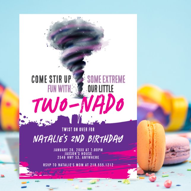 Convites Twonado Twister Tornado Rosa Roxo Aniversário (Twonado Twister Tornado Pink Purple Birthday Invitation)