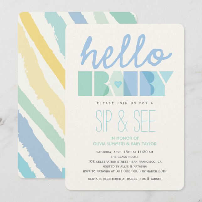 Convites Typografia Azul Olá Bebê Rapaz Sip & See Design (Frente/Verso)