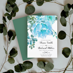 Convites Typografia de flores azuis aquáticas casamento