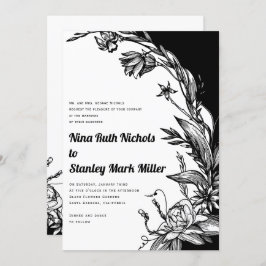 Convites Typografia de flores brancas e pretas Casamento fl