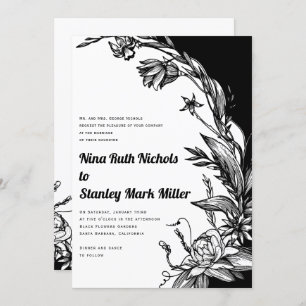 Convites Typografia de flores brancas e pretas Casamento fl