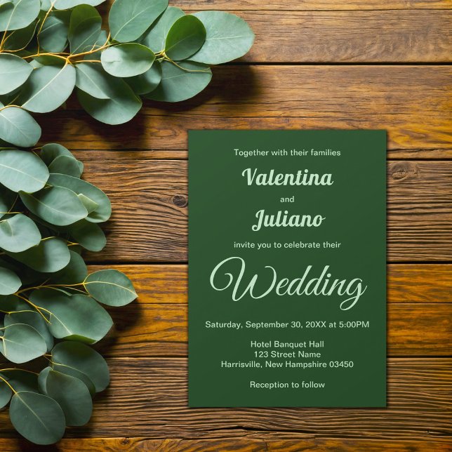 Convites Typography Style Minimalist Dark Green Wedding (Dark Green Plain Text Wedding Invitation)