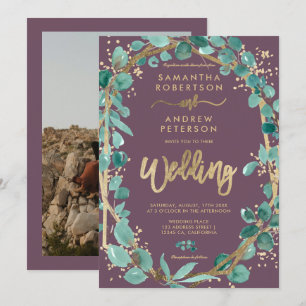 Convites Ucalyptus roxo, ouro-chic, casamento