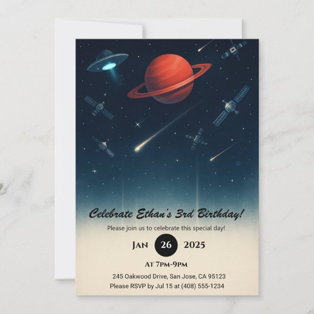 Convites UFO & Space Station Galaxy Illustration Birthday  (Frente)