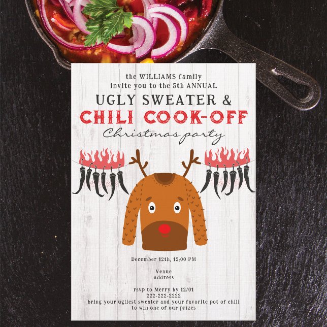 Convites Ugly Sweater & Chili Cook Off Christmas Party (Ugly Sweater & Chili Cook Off Christmas Family Corporate BBQ Contest Party Invitation)