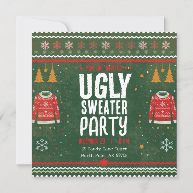 Convites Ugly Sweater Party – Green Gold Holiday Fun (Frente)