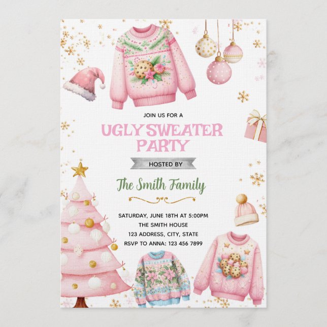 Convites Ugly sweater pink theme invitation (Frente)