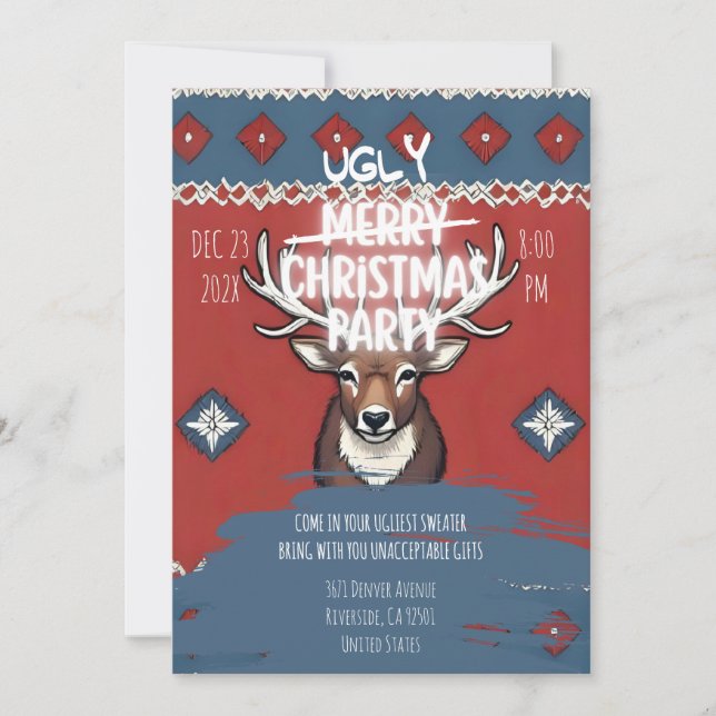 Convites Ugly Sweater Reindeer Christmas Party Invitation (Frente)