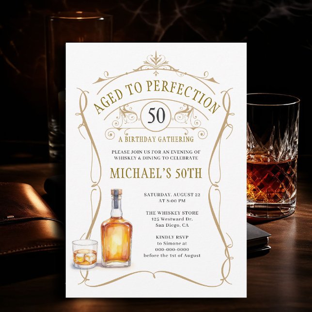 Convites Uísque Envelhecido à Perfeição Aniversário de 50 a (birthday party invitation for men 50th whiskey bourbon aged to perfection rustic western template)