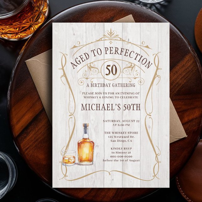 Convites Uísque Perfeição Rustic Branco Aniversário de 50 A (birthday party invitation for men 50th whiskey bourbon aged to perfection western barn rustic wood)