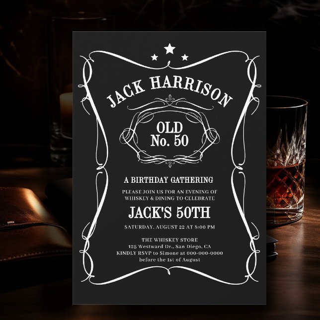 Convites Uísque Preto Branco Rótulo Velho Nº 50º Aniversári (birthday party invitation for men 50th whiskey bourbon bottle label white black old no elegant class)