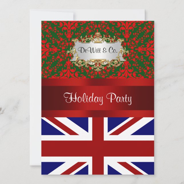 Convites UK England Flag Christmas Holiday Damask 2 V Party (Frente)