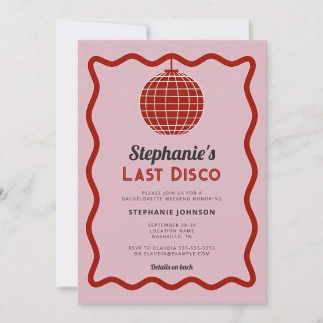 Convites Última Bachelorette de Disco Vermelho e Cor Rosa d (Frente)