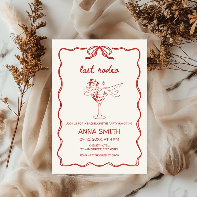 Convites Última Bachelorette Vermelha desenhada Pelos Rodei (Last Rodeo Bachelorette Party Nash Bash, Giddy Up, Let's go girls, hand-drawn invitation Cowgirl)