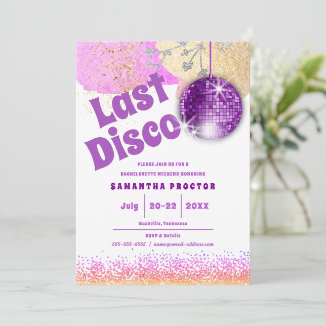 Convites Última Bachelorreia Dourada com Glam Roxo do Disco (Em pé/Frente)