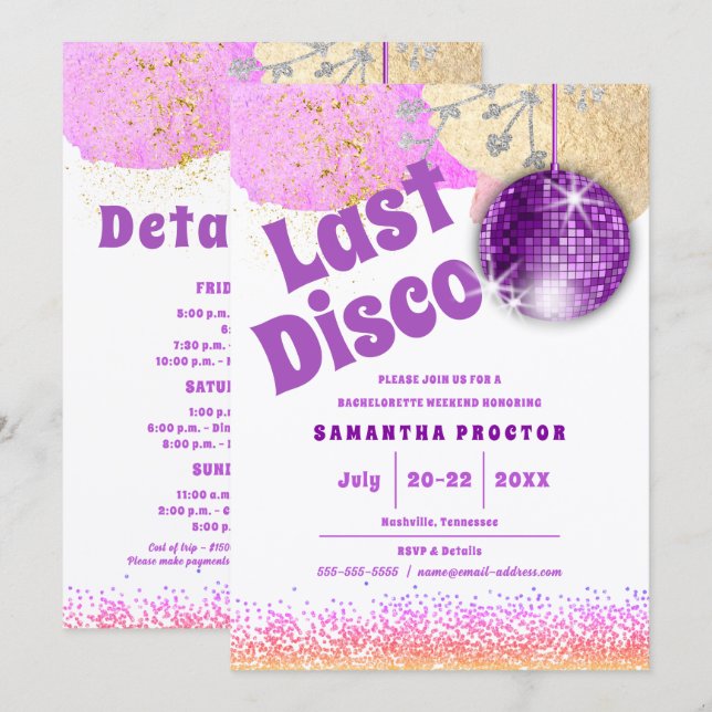 Convites Última Disco Retro Glamour Roxo Dourado Despedida  (Frente/Verso)