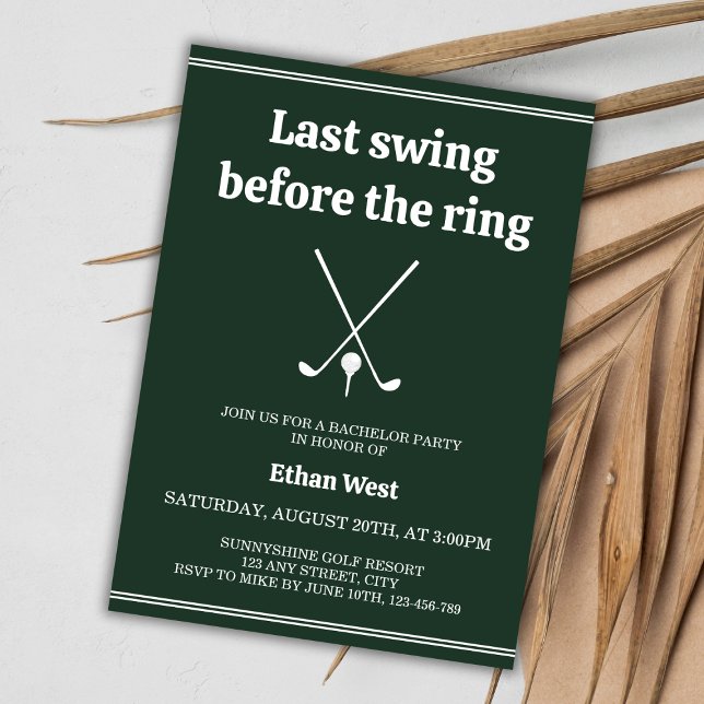 Convites Última Festa de Despedida de Na moda de Golfe (Last Swing Before The Ring Golf Stylish Bachelor Party Invitation green golfing par-tee)