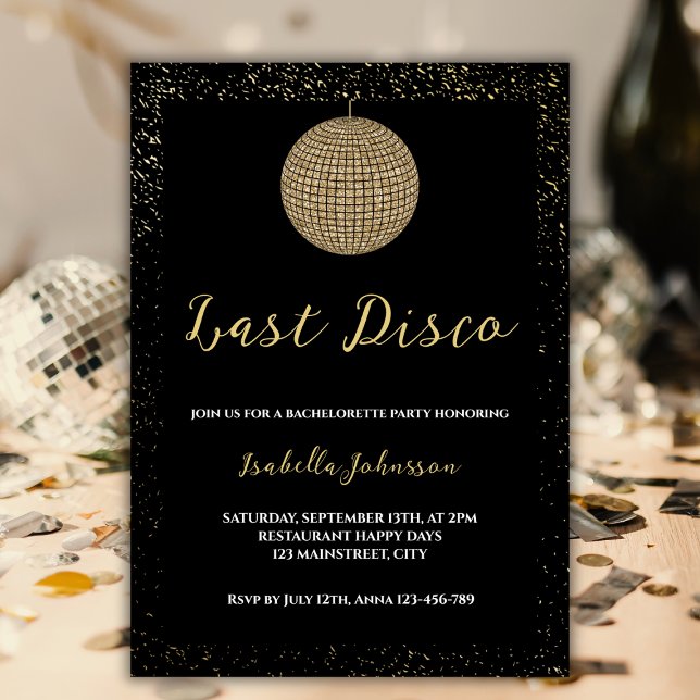 Convites Última Festa de solteira de Ouro de Esfera de Disc (last disco bachelorette party invitation black golden glitter disco ball retro)
