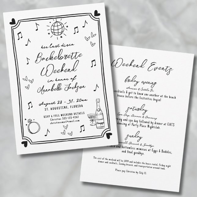 Convites Última Festa de solteira Desenhada da Mão do Disco (Last Disco Hand Drawn Bachelorette Party Invitation)