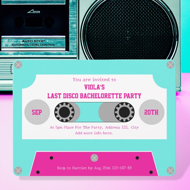 Convites Última Fita De Cassete Retro Cor-De-Rosa E Turques (last disco cassette tape bachelorette party invitation pink and turquoise silver disco ball retro)