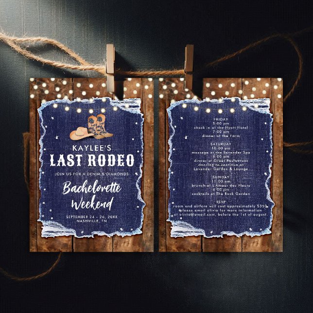 Convites Última Rodeo Denim Diamantes Bachelorette (denim and diamonds bachelorette party invitation itinerary rustic wood blue white cowgirl hoedown)