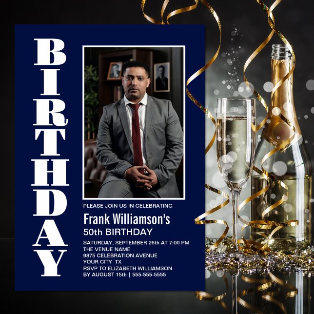 Convites Último aniversário de fotos brancas azuis de qualq (Criador carregado)