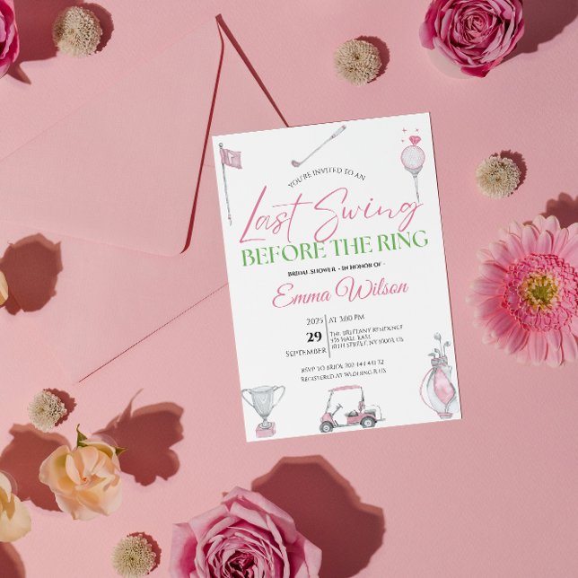 Convites Último Balanço Antes do Anel Rosa Chuveiro de Noiv (last swing before the ring, golf bridal shower invitation, pink, country club  party invite, sporty )