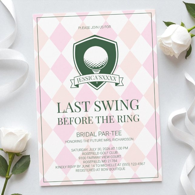Convites Último Balanço Antes do Anel Rosa Festa de Noivado (Last Swing Before the Ring Pink Golf Bridal Party Invitation)