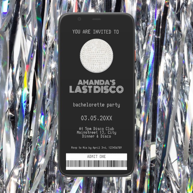 Convites Último Bilhete Silver de Baquelorette Disco (last disco silver bachelorette party invitation ticket)