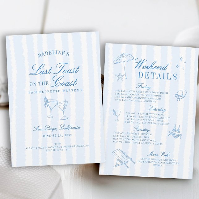 Convites Último brinde na Bachelorette de Stripes Desenhada (last toast on the coast bachelorette party itinerary hand drawn stripes script calligraphy blue)