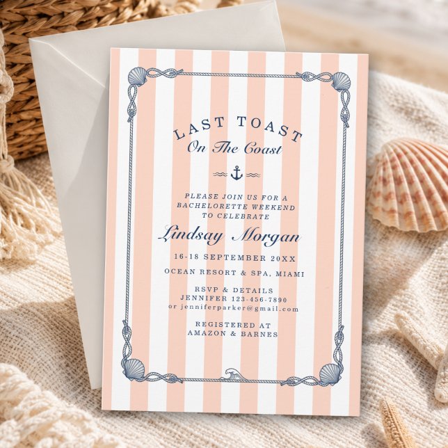 Convites Último brinde na costa! Faixa de despedida de solt (Last Toast on the Coast! Bachelorette Stripe Invitation)