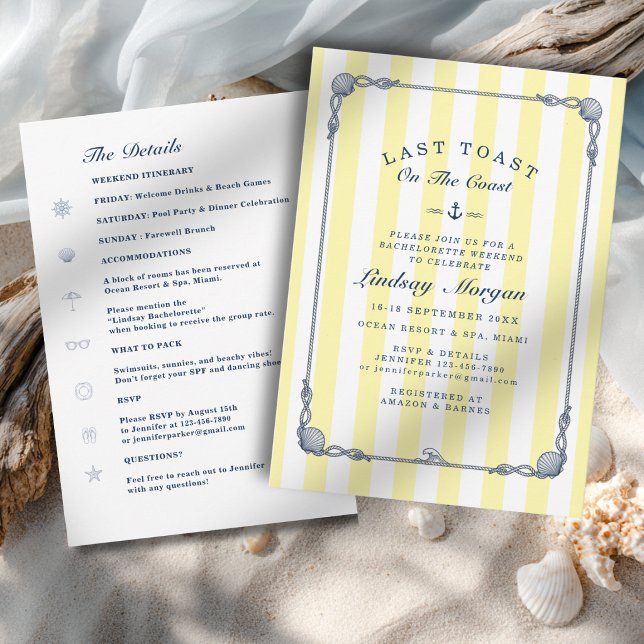 Convites Último brinde na costa! Listras de despedida de so (Last Toast on the Coast! Bachelorette Yellow Stripes Invitation)