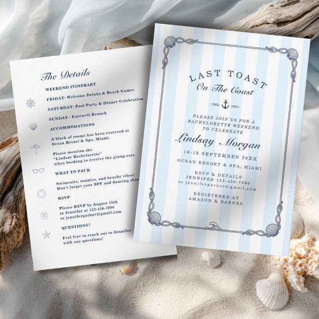 Convites Último brinde na costa! Listras de despedida de so (Last Toast on the Coast! Bachelorette Blue Stripes Invitation)