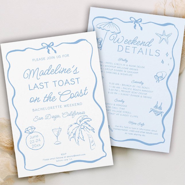 Convites Último brinde na Festa de solteira azul costeira (last toast on the coast bachelorette party invitation invite itinerary hand drawn written doodle bow)
