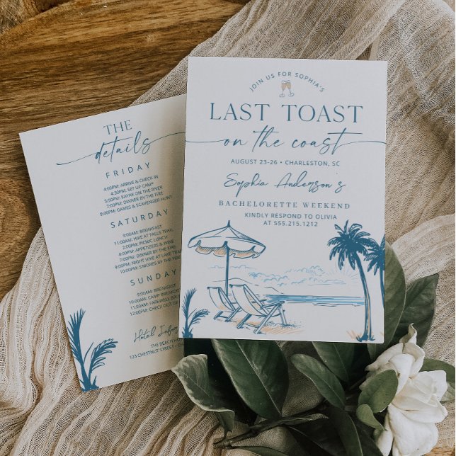 Convites Último brinde na Festa de solteira costeira (Last Toast on the Coast Bachelorette Party Invite and Itinerary)