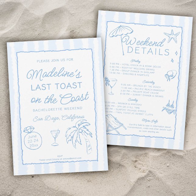 Convites Último brinde na Festa de solteira de faixas coste (last toast on the coast bachelorette party invitation invite itinerary hand drawn written stripes)