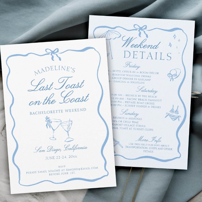 Convites Último brinde na Festa de solteira de Script Coste (last toast on the coast bachelorette party itinerary hand drawn script calligraphy elegant blue)