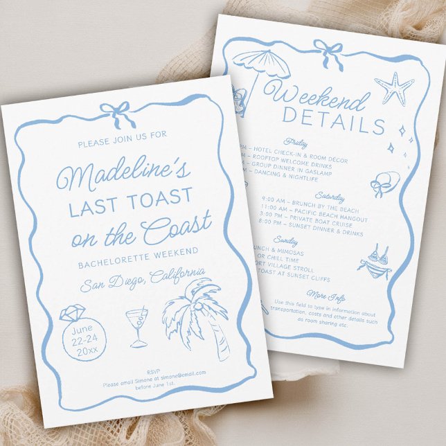 Convites Último brinde na Festa de solteira do Arco costeir (last toast on the coast bachelorette party invitation invite itinerary hand written drawn doodle )