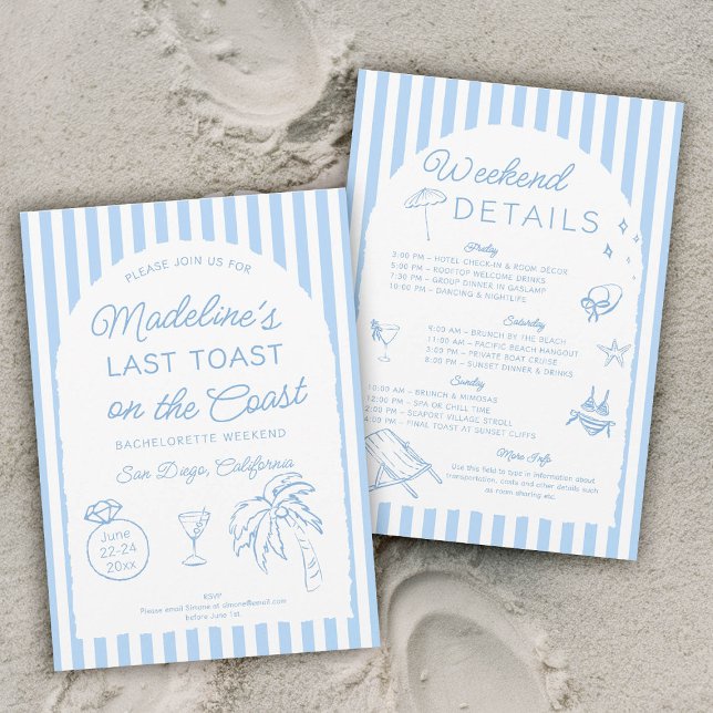 Convites Último brinde na Festa de solteira do arco costeir (last toast on the coast bachelorette party itinerary hand drawn written doodle stripes arch)
