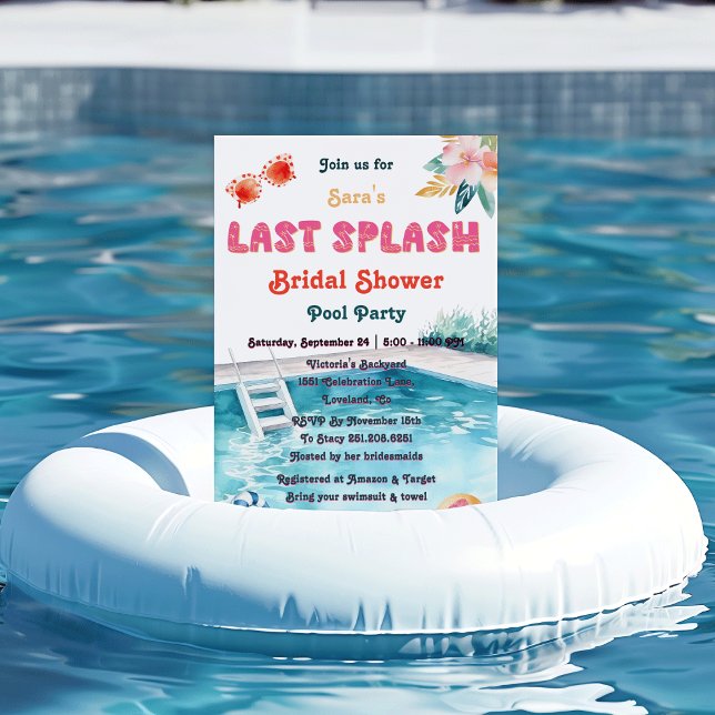 Convites Último Chá de panela de Bachelorette Testado pela  (Last Splash Pool pool-themed watercolor tropical flower Bachelorette Bridal Shower Invitation)