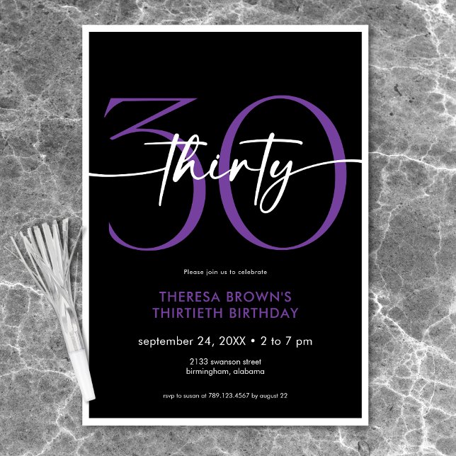 Convites Último Dia de Nascimento de Trinta Letras Mínimo M (Modern Minimal Purple Thirty Script Birthday Invitation)