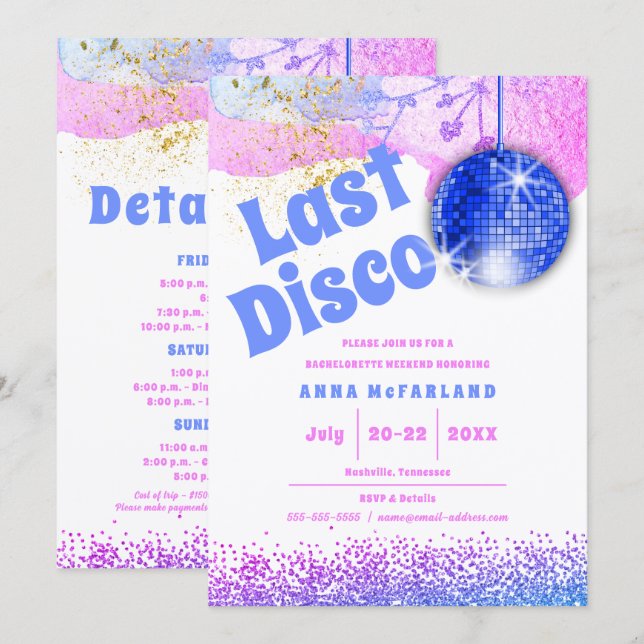 Convites Último Disco Glam Retro Azul Rosa Despedida de Sol (Frente/Verso)