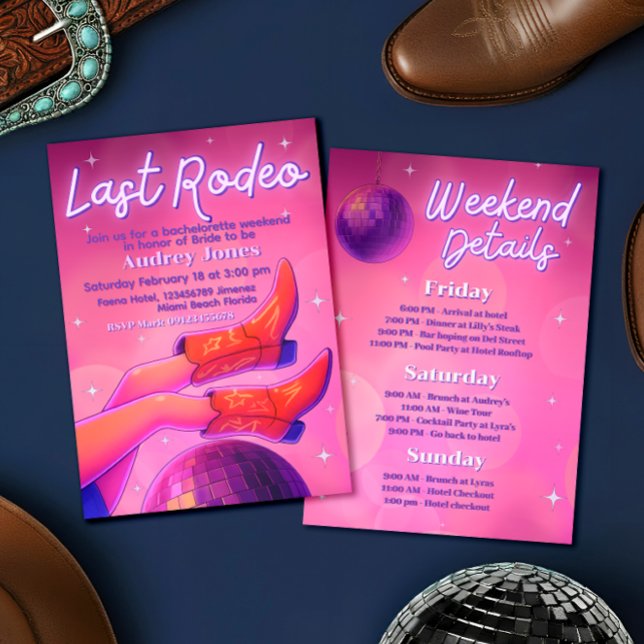 Convites Último Rodeio - Fim de Semana de Despedida de Solt (Last Rodeo - Disco Cowgirl Bachelorette Weekend Invitation)